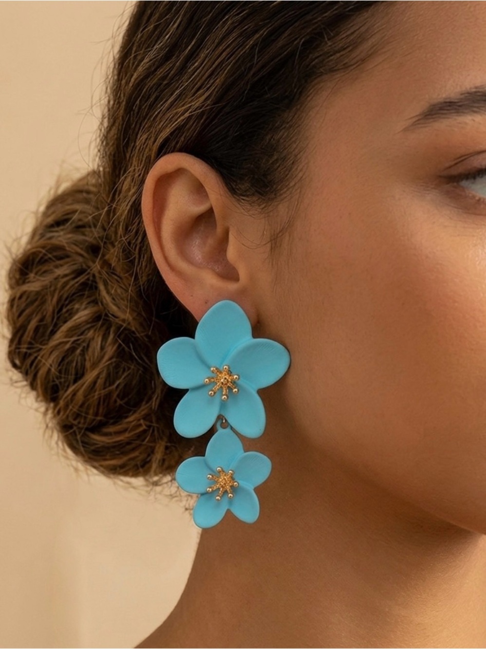 Turquoise color Double Flower Drop Earrings Gold Center Boho Floral Dangle